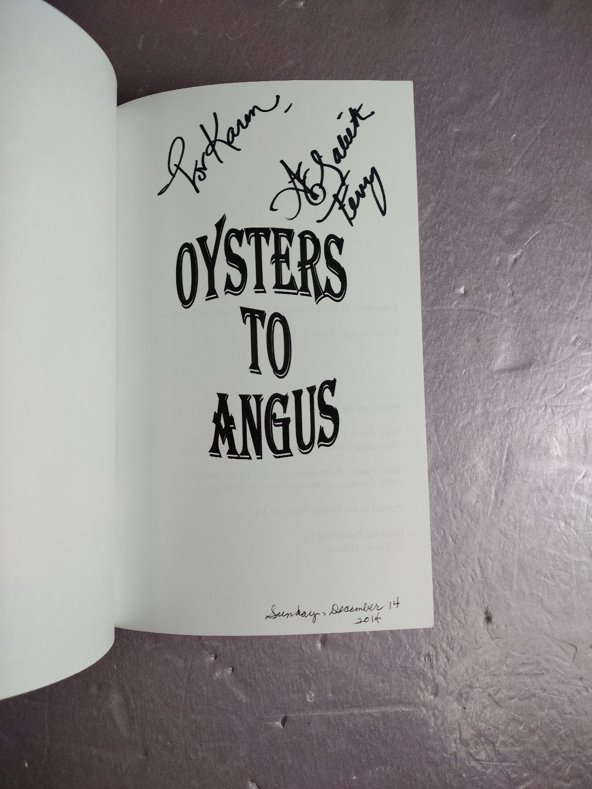 Oysters to Angus Elizabeth Terry 2014 Signed St. Louis History Biography