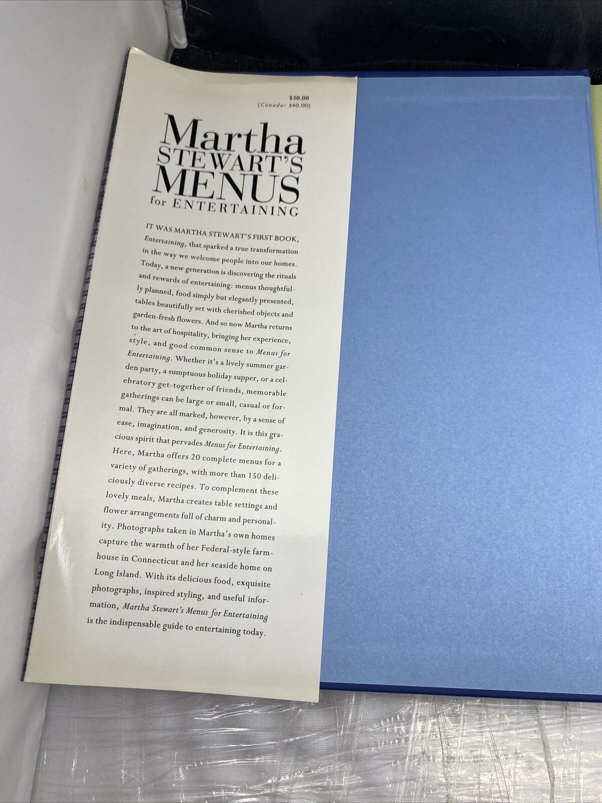 Signed Martha Stewart's Menus for Entertaining by Martha Stewart 90s Cookbook