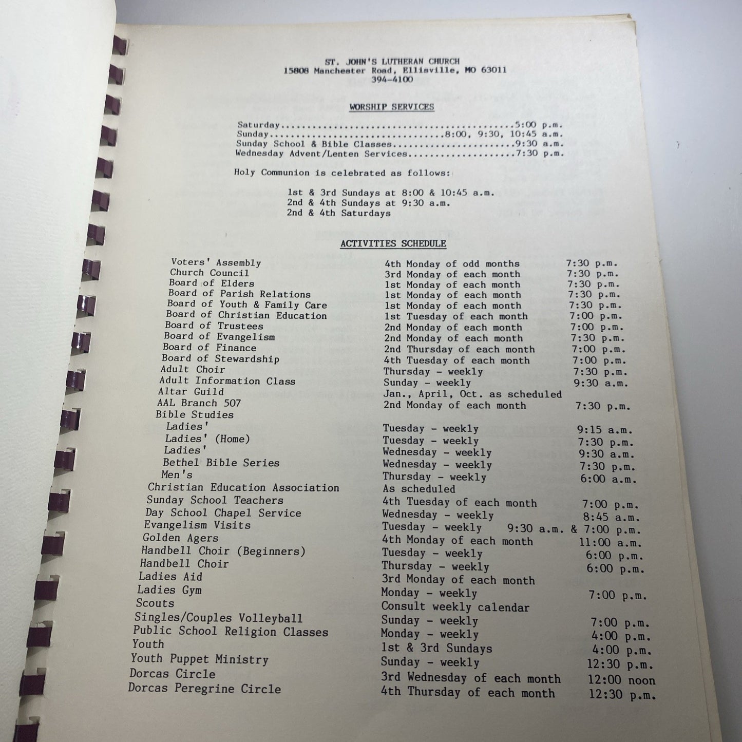 St. John’s Lutheran Church Manchester Missouri 1988 Registry Schedule