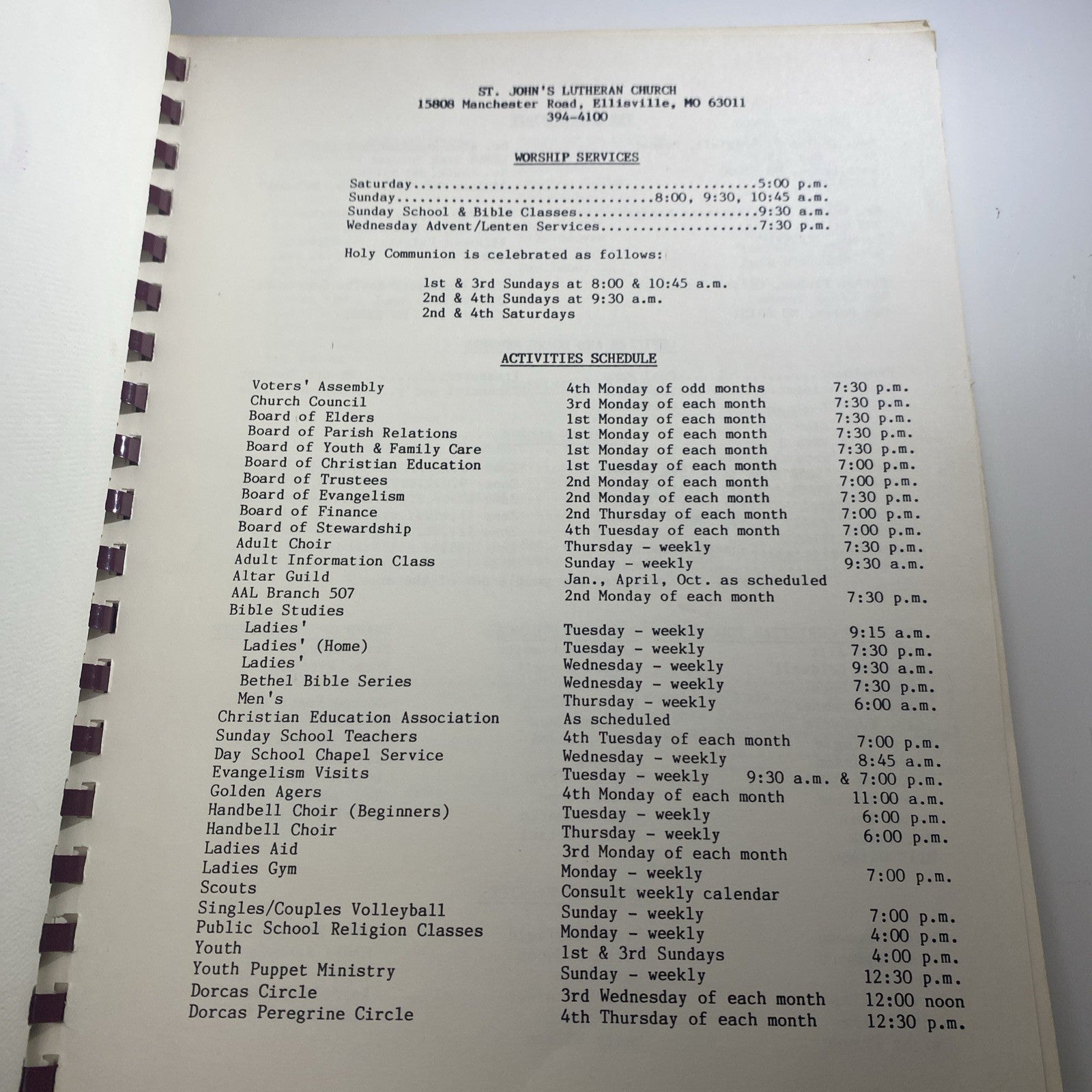 St. John’s Lutheran Church Manchester Missouri 1988 Registry Schedule