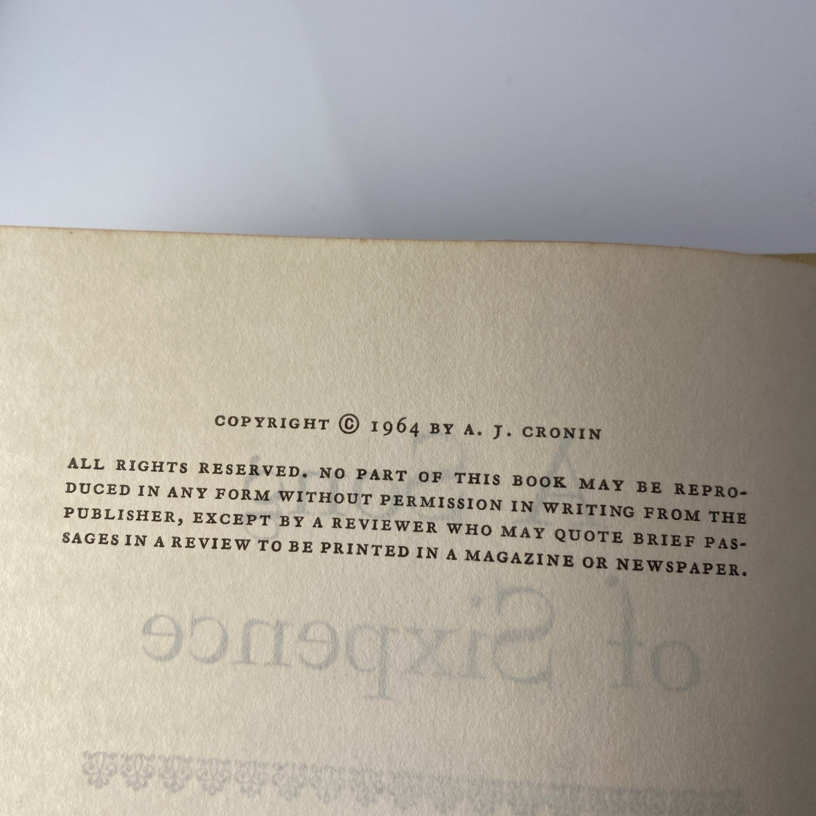 A Song Of Sixpence by A.J. Cronin 1964 Hardcover BCE First Edition Good Conditio