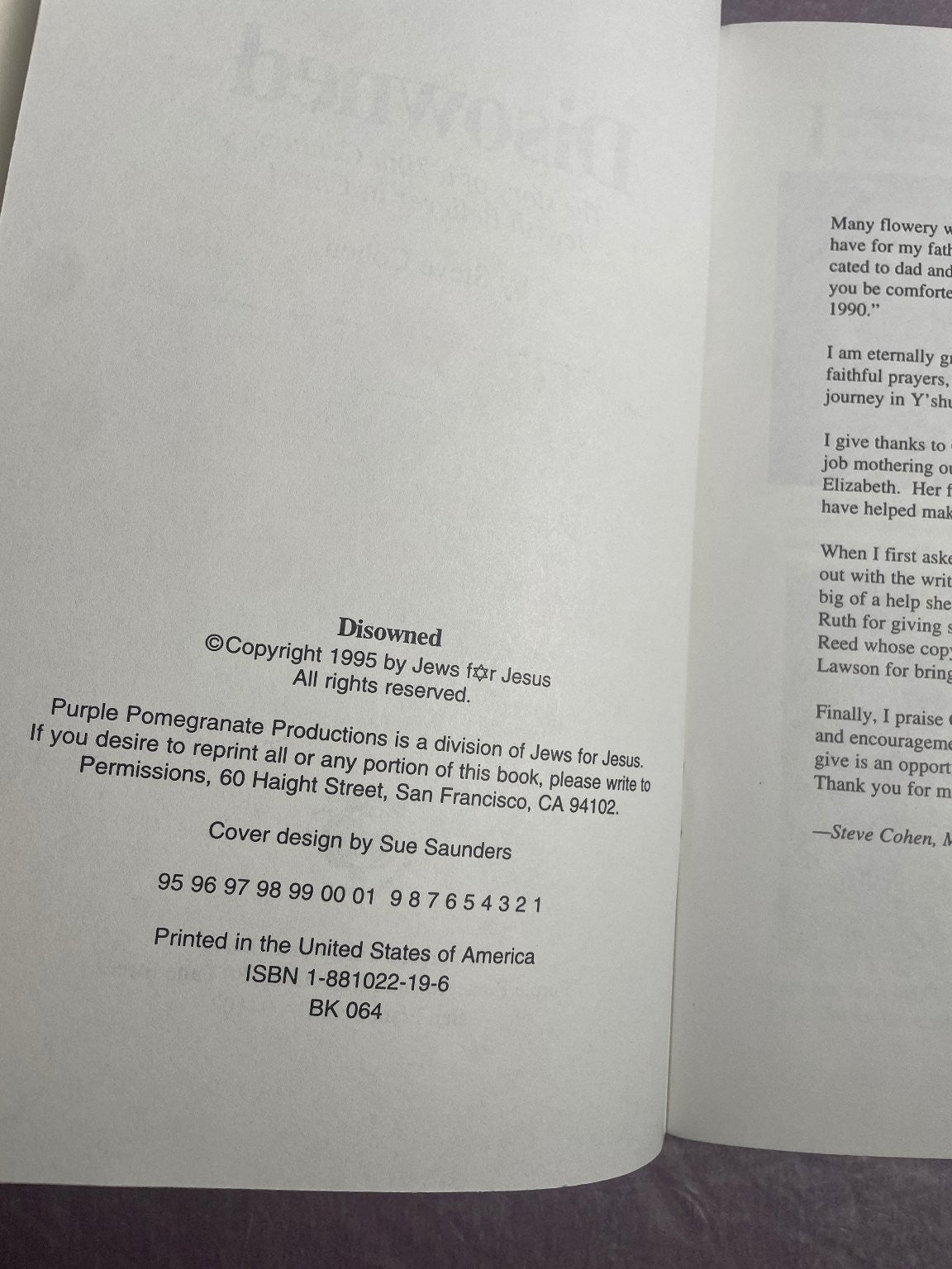 Disowned Steve Cohen 1995 First Printing Jewish Christian Memoir Purple