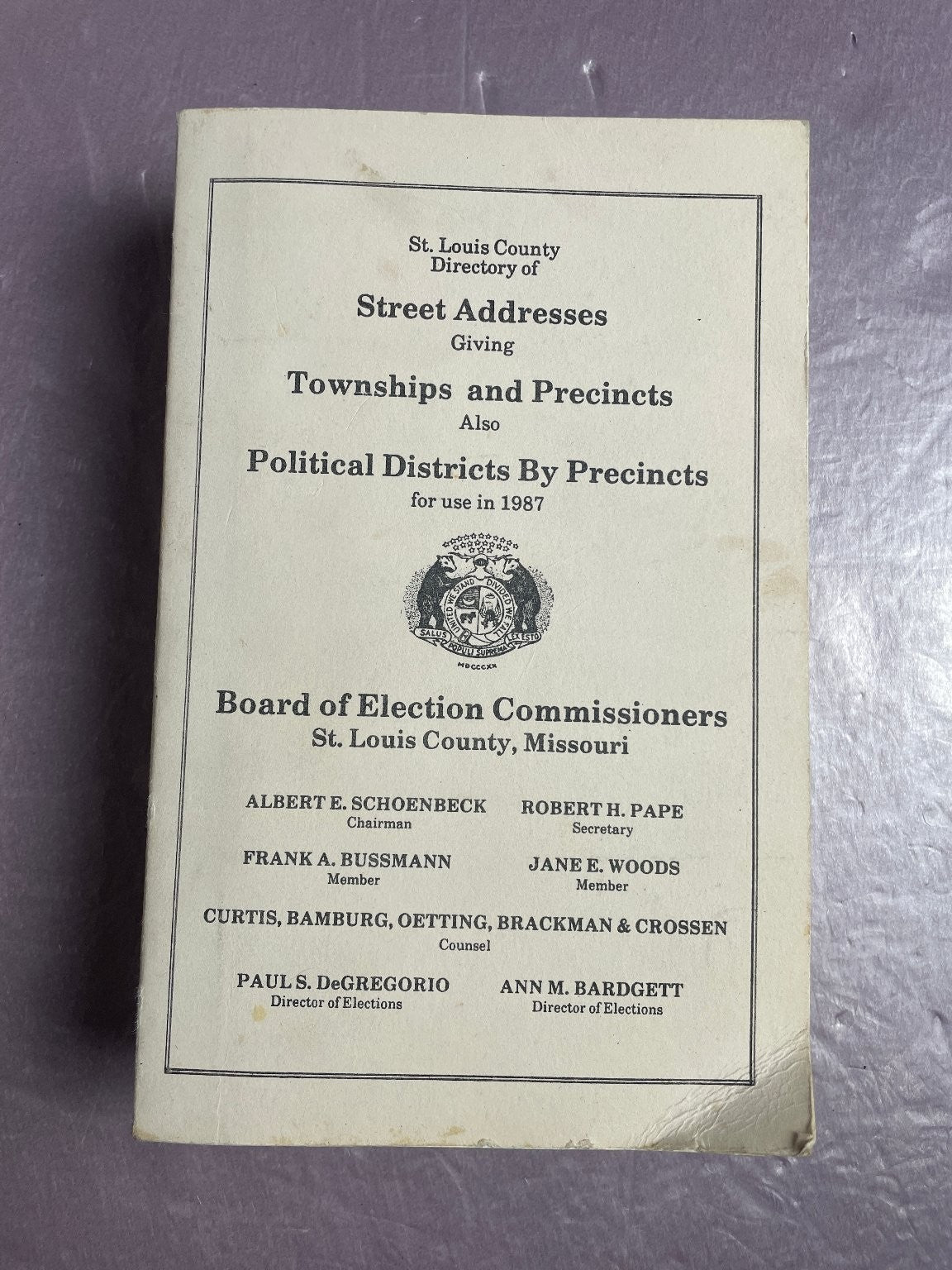 St. Louis County Directory Street Addresses Political Districts 1987 MO Election