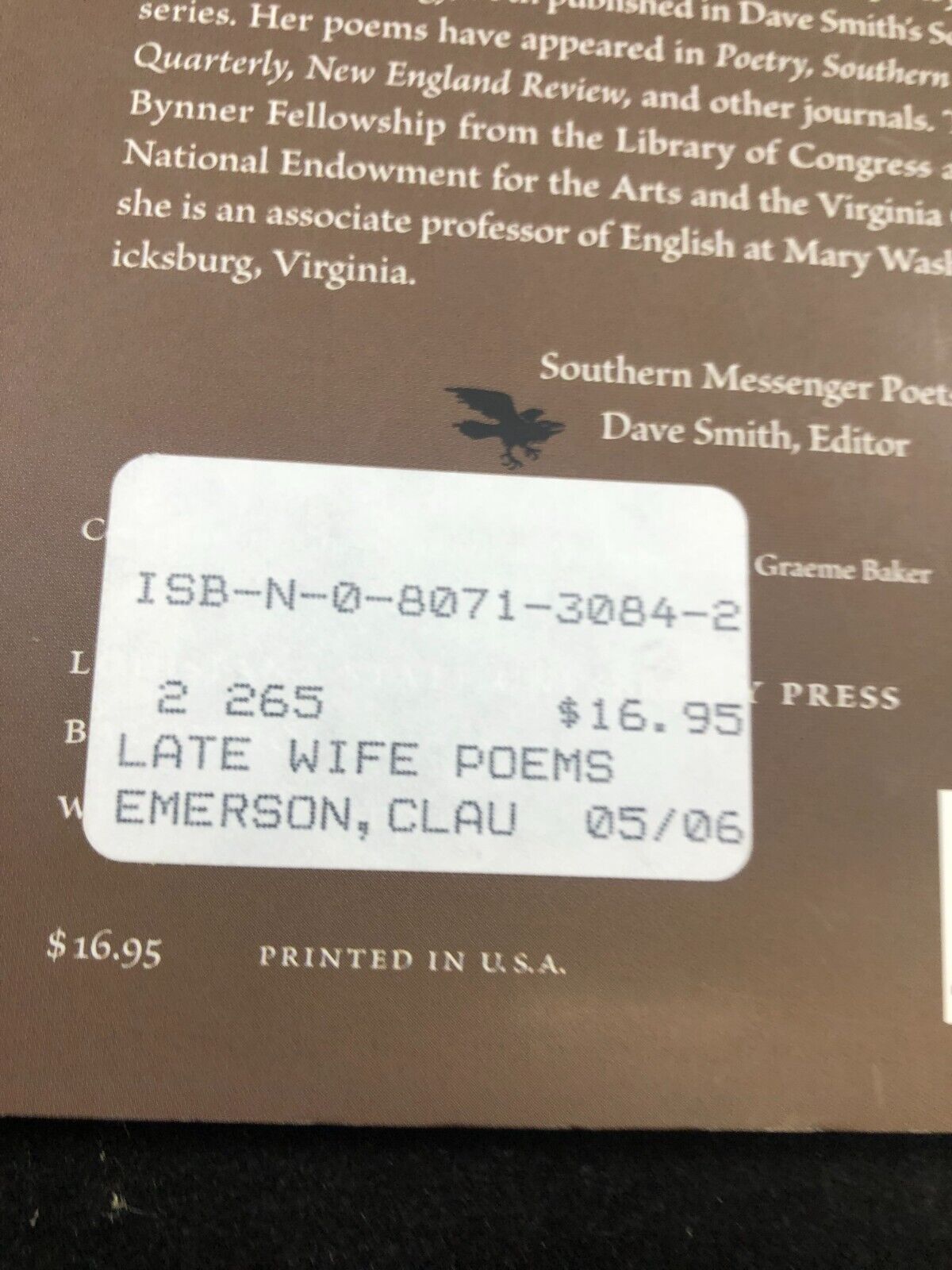 Late Wife: Poems by Emerson, Claudia Poetry book