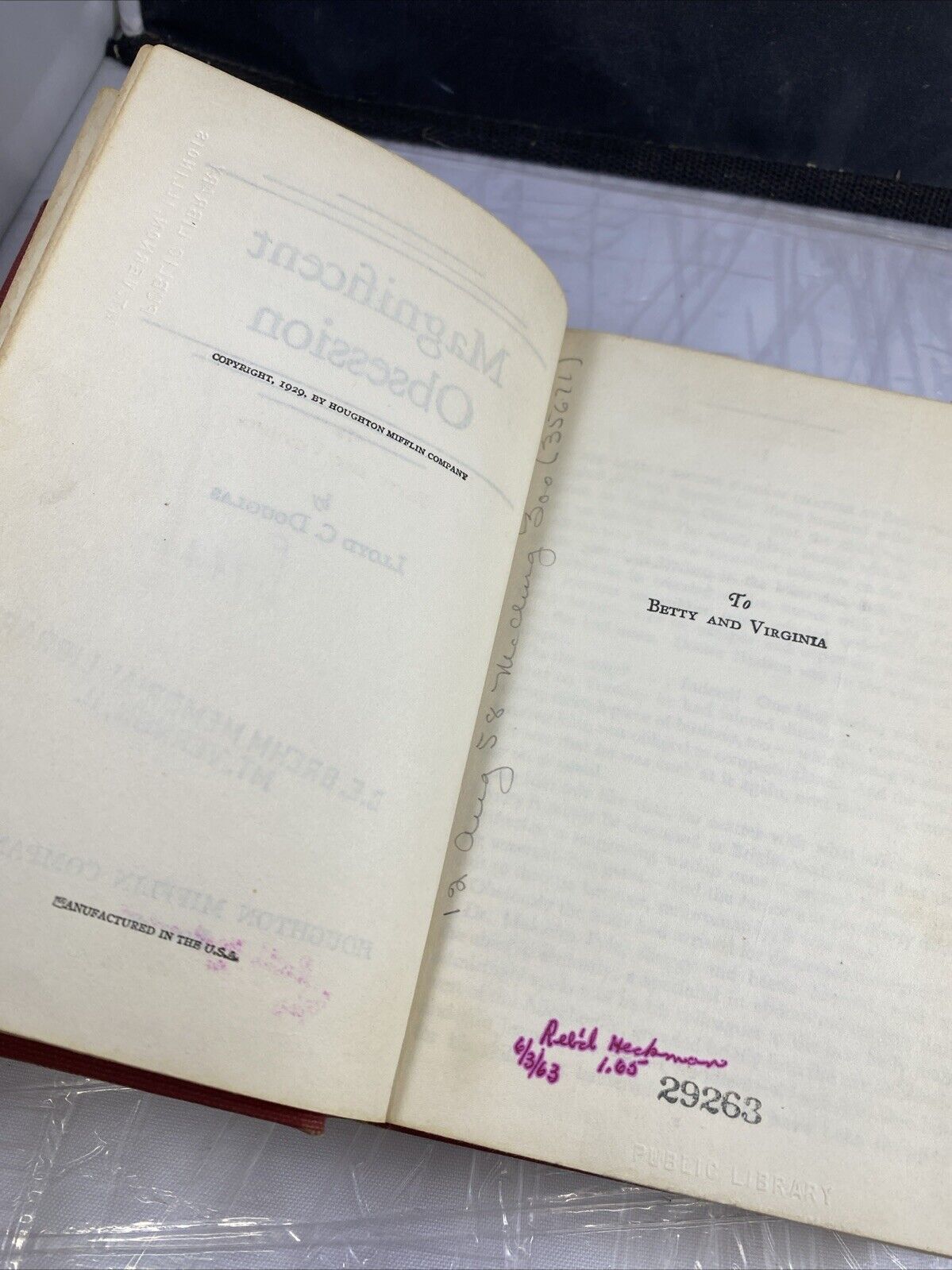 Vintage MAGNIFICENT OBSESSION by Lloyd C. Douglas, 1929 HC Mt Vernon Ex Lib Rbnd