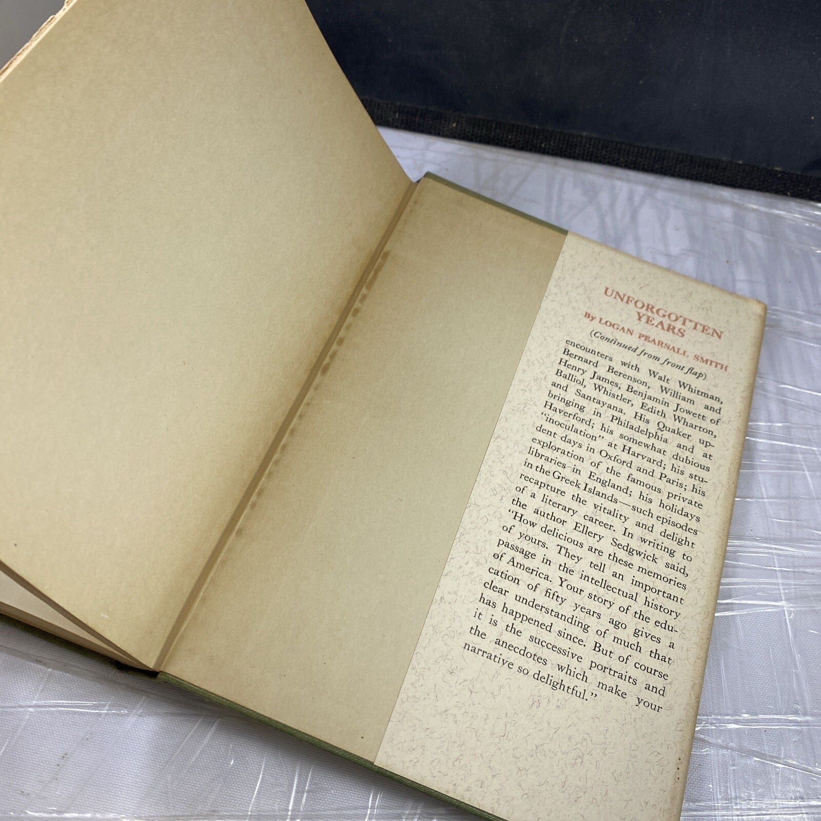 1939 Logan Pearsall Smith UNFORGOTTEN YEARS Memoir Walt Whitman W/ DJ Rare
