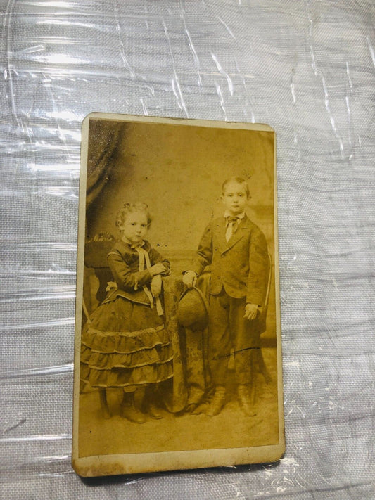 Novelty 1890 Cabinet Card Boy Girl Siblings in costume  St. Louis MO Photobooth