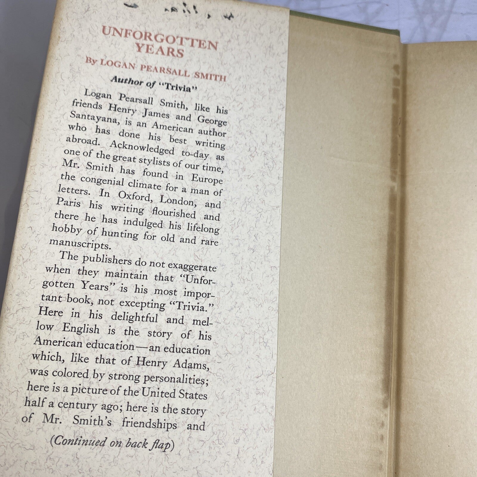 1939 Logan Pearsall Smith UNFORGOTTEN YEARS Memoir Walt Whitman W/ DJ Rare