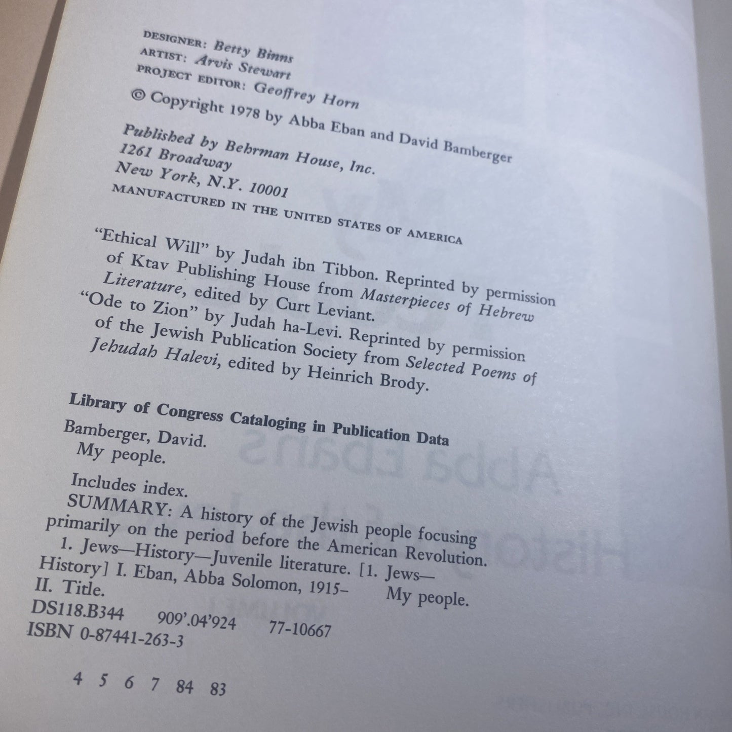 MY PEOPLE: ABBA EBAN'S HISTORY OF THE JEWS, VOL. 1 By David Bamberger Good