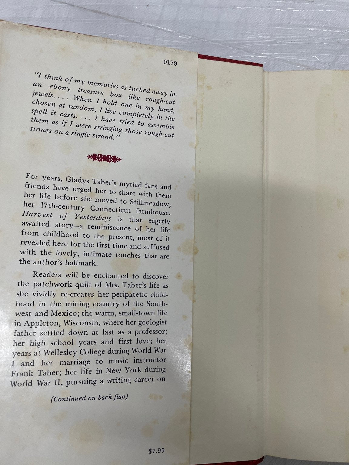 Harvest of Yesterdays Gladys Taber First Edition 1976 Autobiography