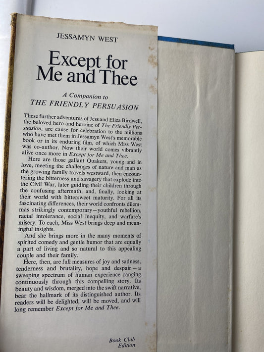 Vintage Except for Me and Thee Jessamyn West Hardcover Book Club Edition Compani