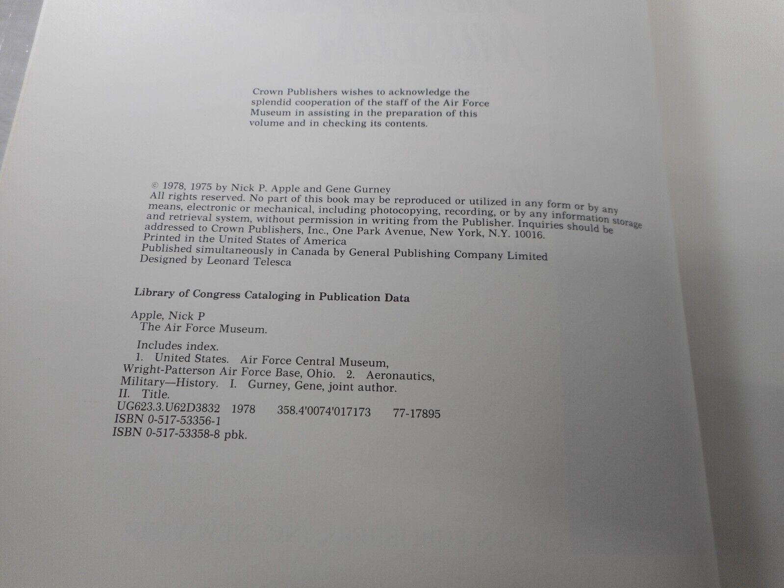 1978 The Air Force Museum 1978 edition by Nick Apple/ Gurney Good condition