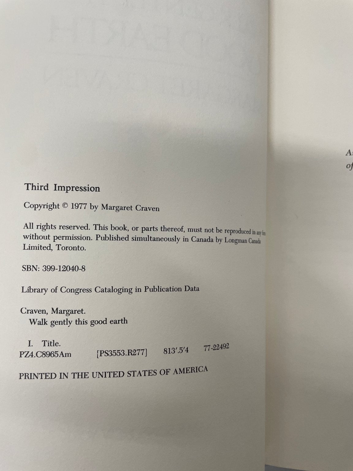 Walk Gently This Good Earth Margaret Craven Third Impression 1977 Historical