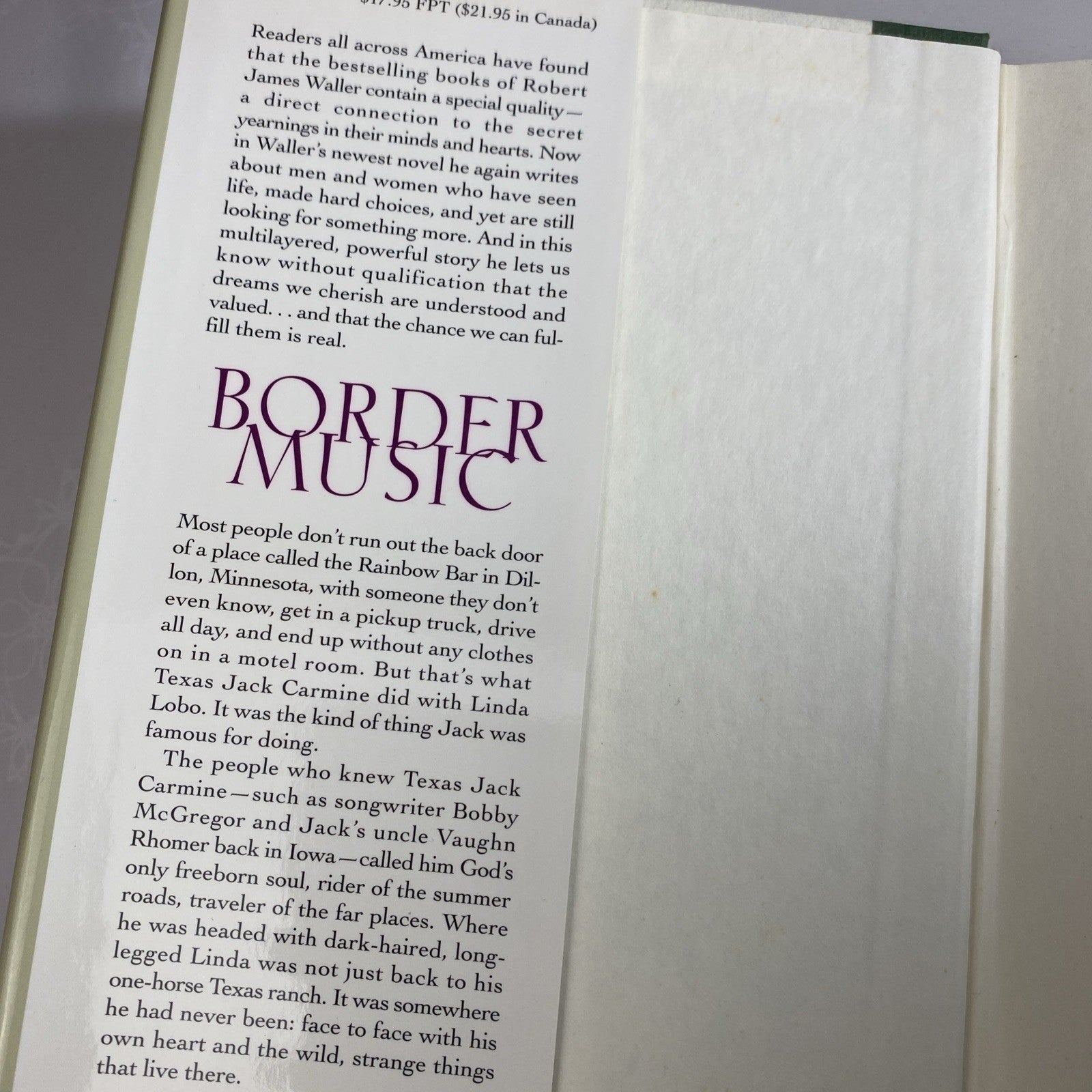 Historical Fiction. Border Music by Robert James Waller 1995 Hardcover HCDJ