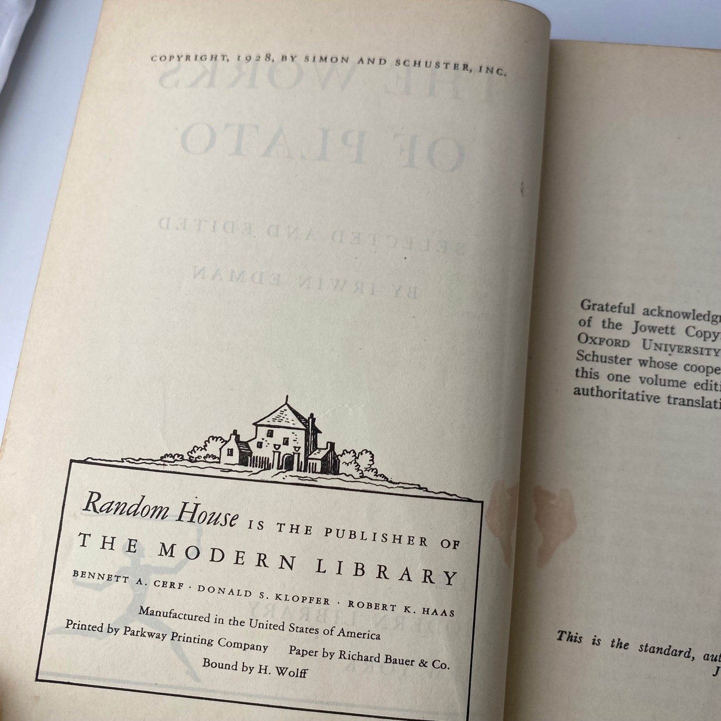 The Works of Plato Edwin Modern Library 1928 Hardcover Philosophy