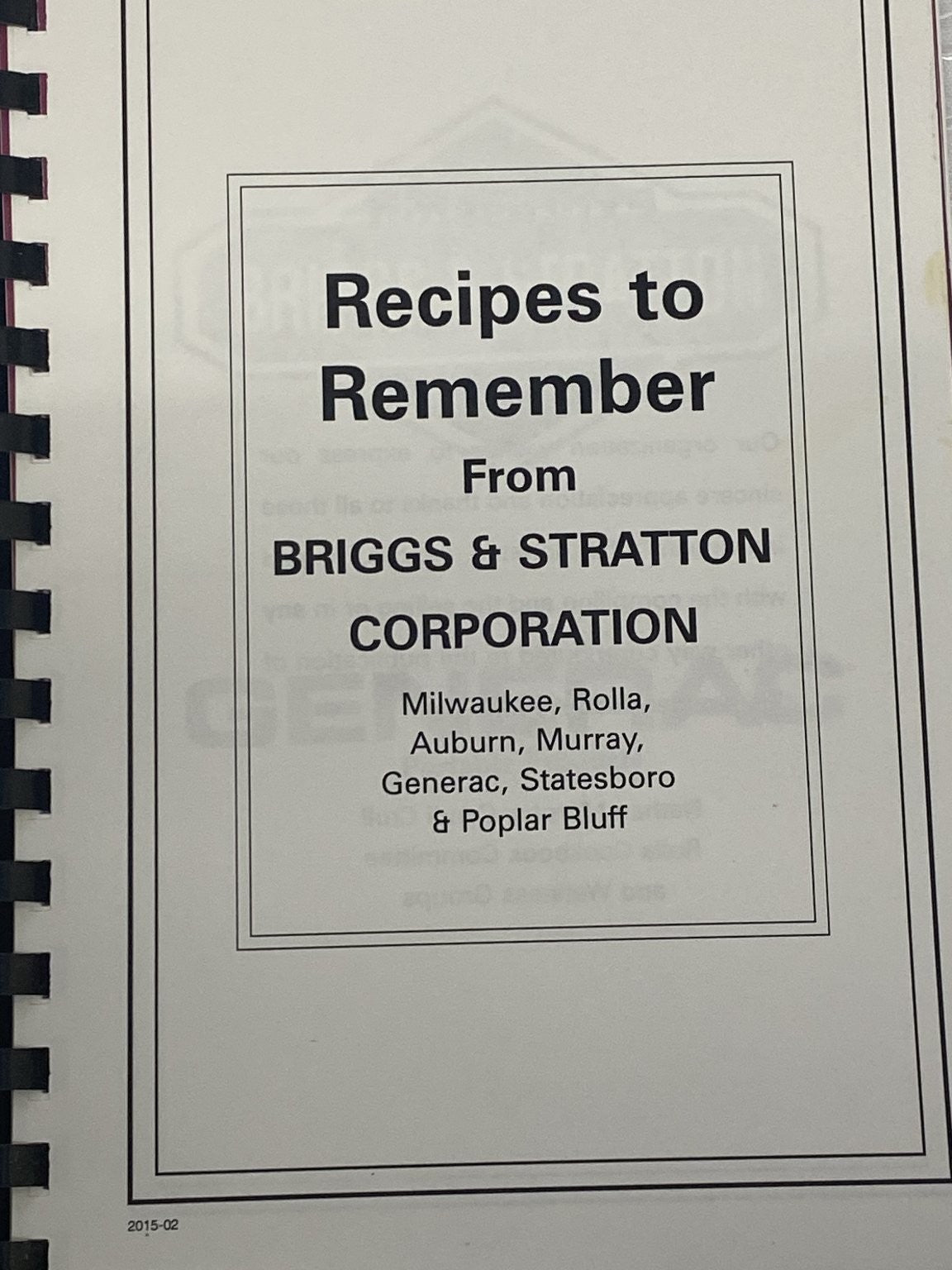 Recipes to Remember Briggs & Stratton Company Cookbook 2015 Missouri