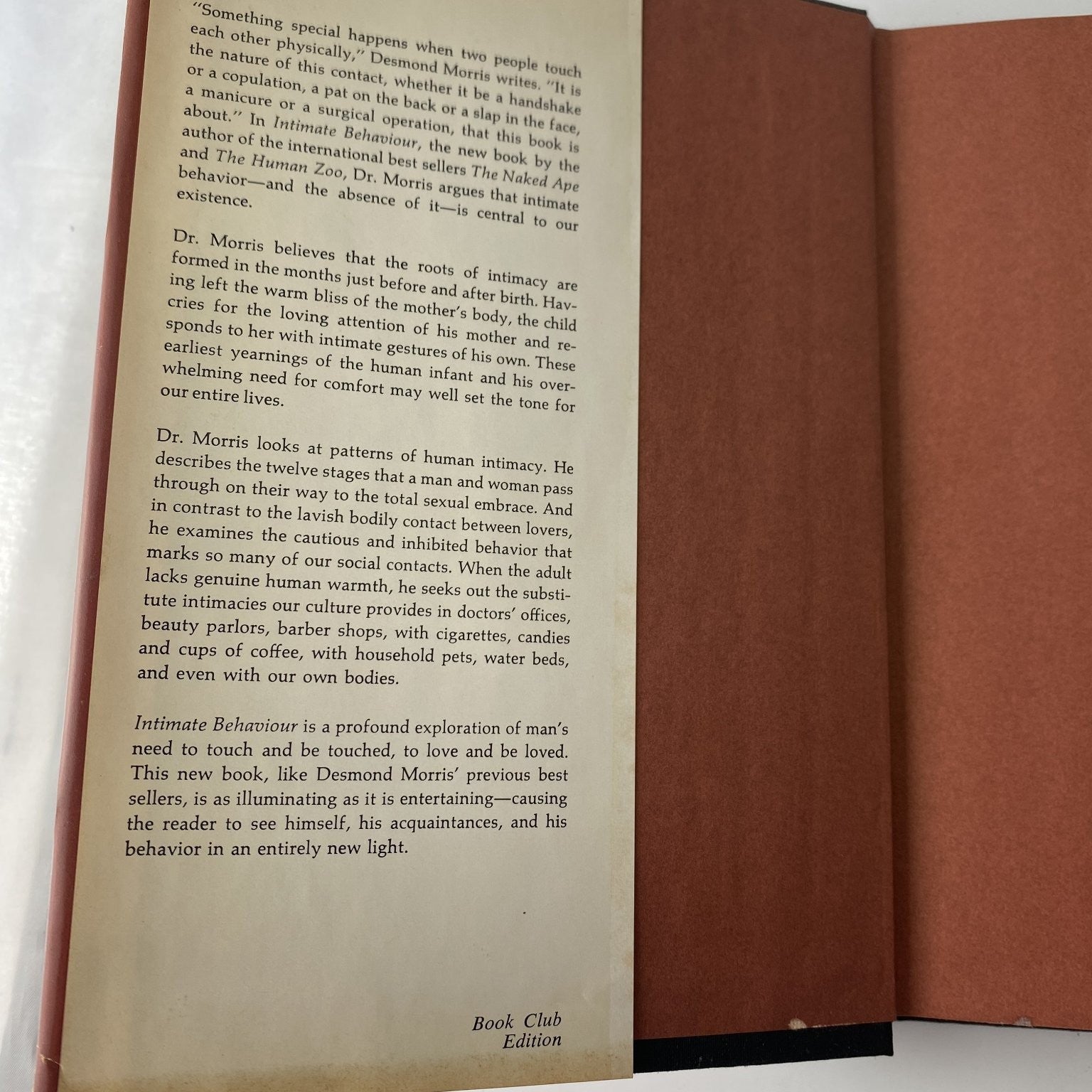 Intimate Behaviour Desmond Morris 1971 Book Club Edition Psychology Random House