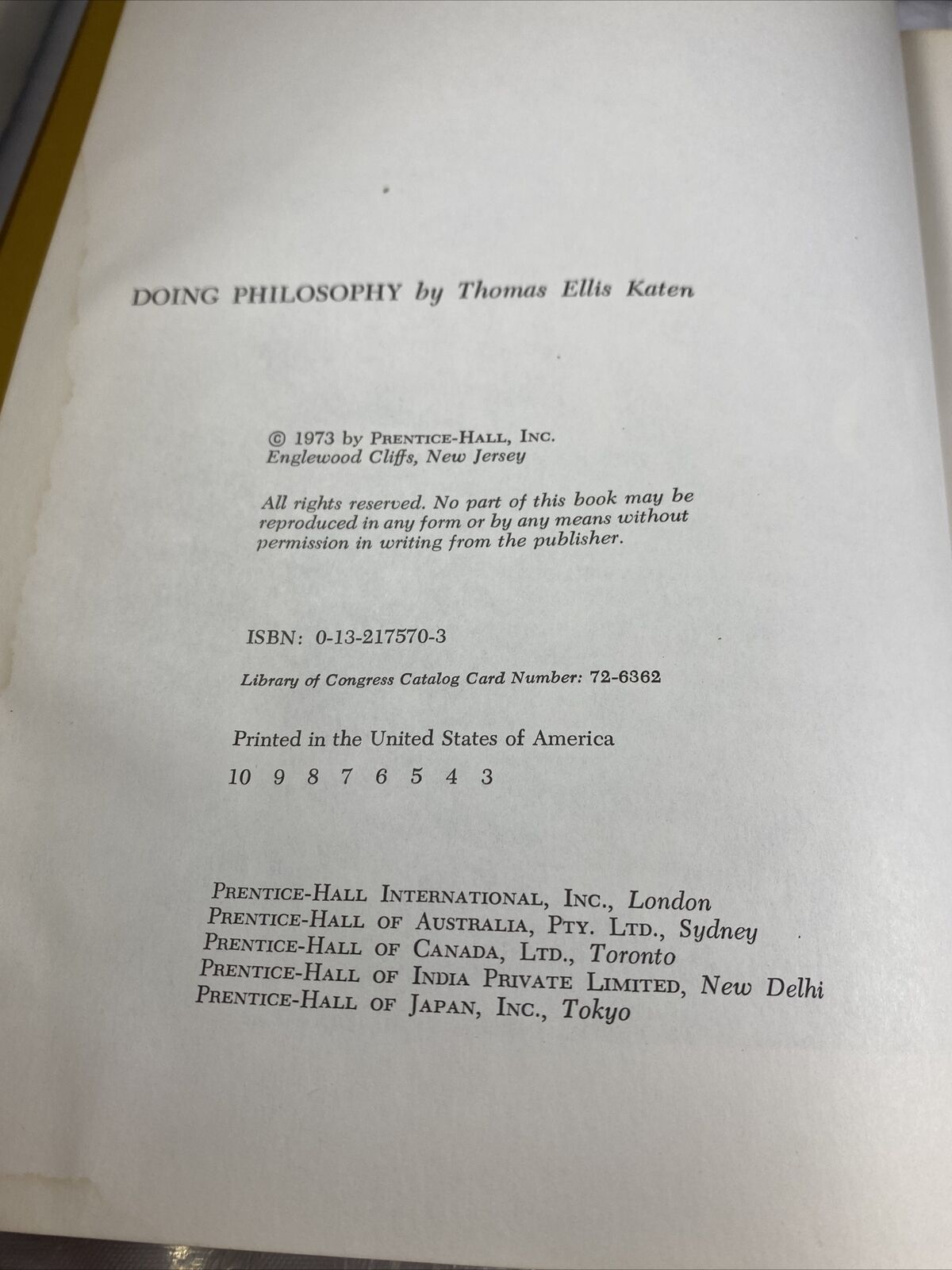 DOING PHILOSOPHY By Thomas Ellis Katen - Hardcover Vintage 70s College Textbook