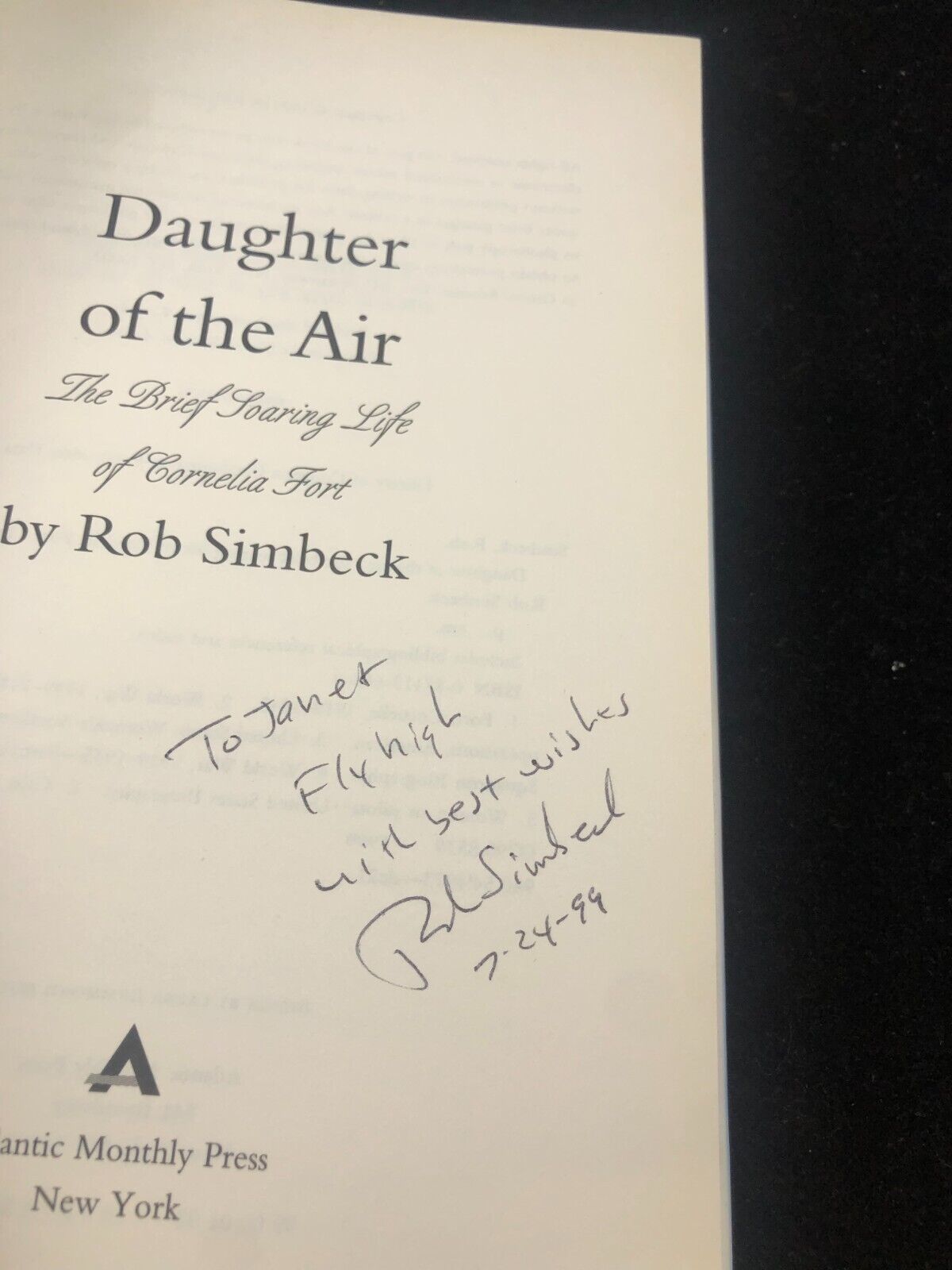 “Daughter of the Air” by Rob Simbeck (Hardcover, 1999) - signed by author 1st ed