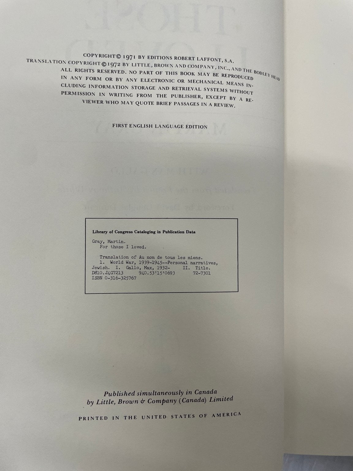 For Those I Loved Martin Gray First English Edition 1972 Holocaust Memoir