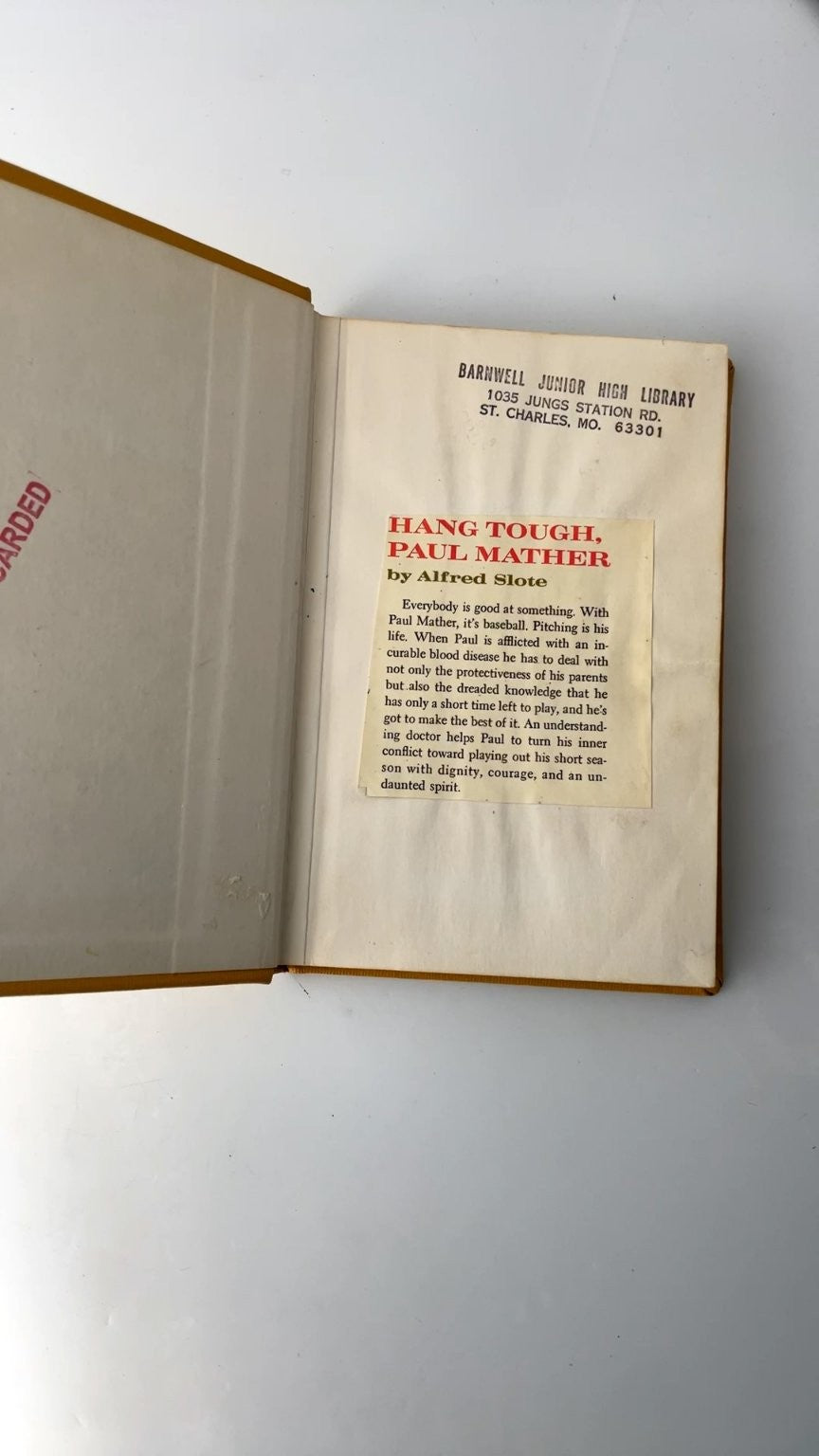 Hang Tough Paul Mather Alfred Slote 1973 Sixth Printing Baseball Fiction