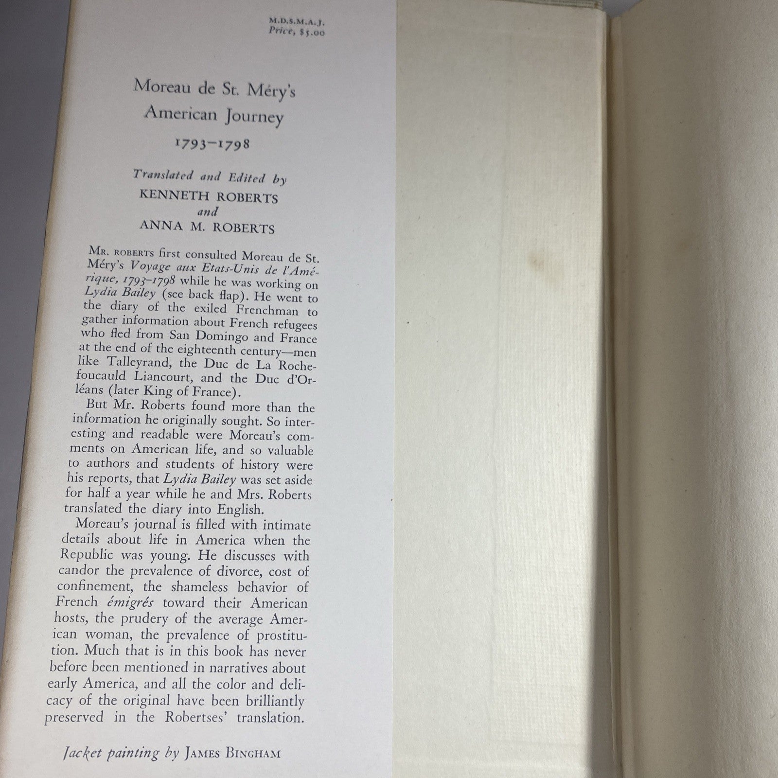 Moreau de St. Mery's AMERICAN JOURNEY [1793-1798] by K. Roberts (1947 First, HC)