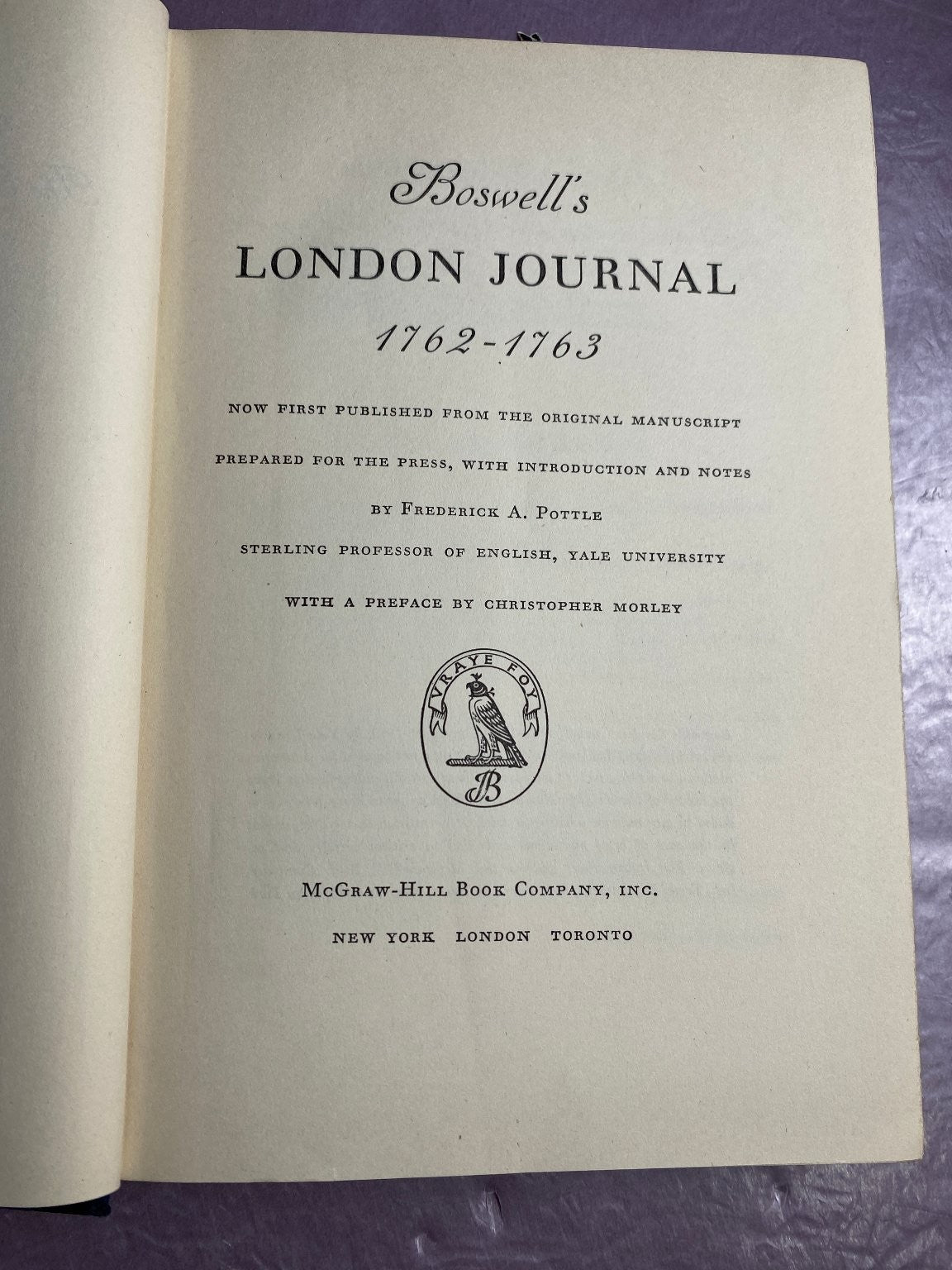 Boswell's London Journal 1762-1763 Pottle 1950 First Ed. History McGraw-Hill