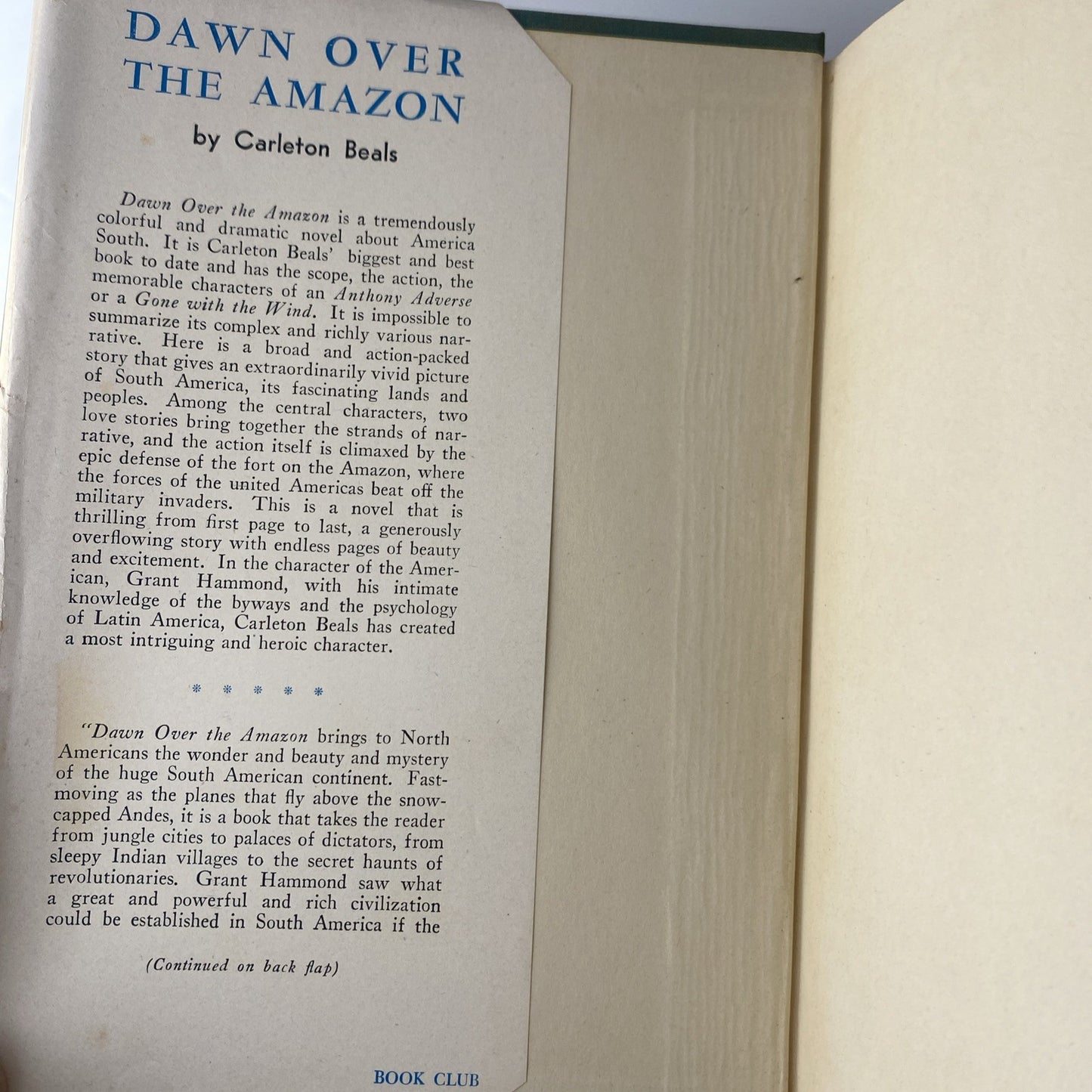 Rare Vintage Novel Down Over the Amazon by Carleton Beals 1943 Book Club Ed