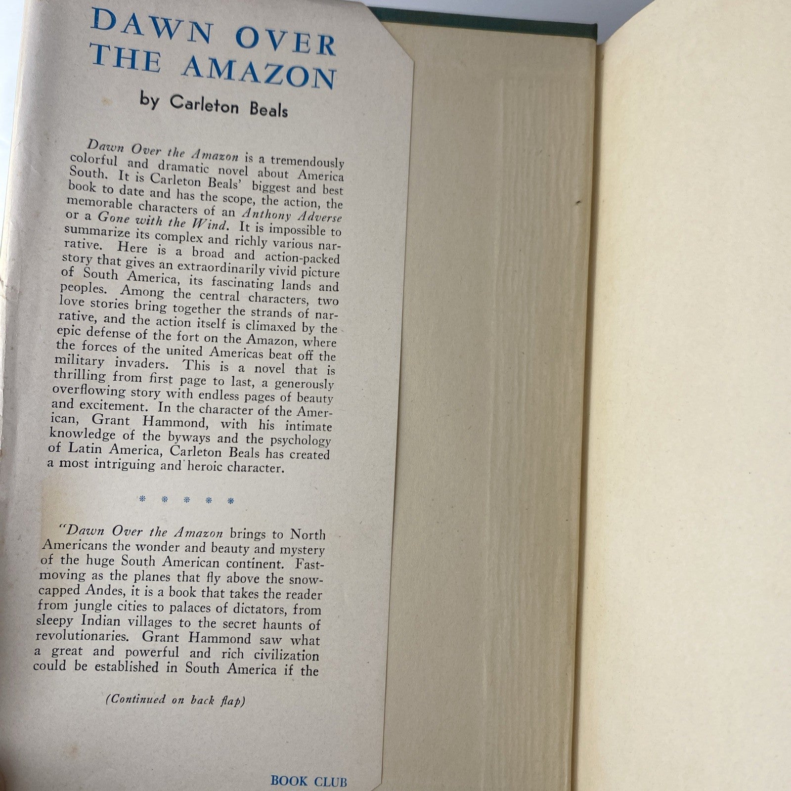 Rare Vintage Novel Down Over the Amazon by Carleton Beals 1943 Book Club Ed