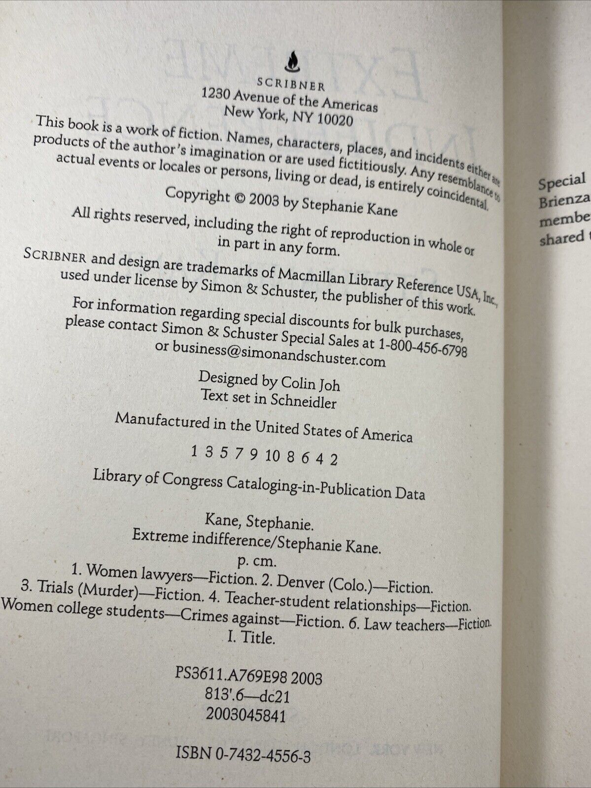 Extreme Indifference : A Crime Novel Hardcover Stephanie Kane VERY GOOD BCE MYST
