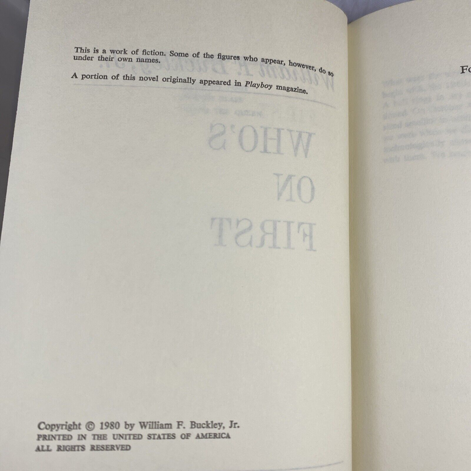 Who's on First by William F. Buckley, Jr. (1980, Book Club Edition)