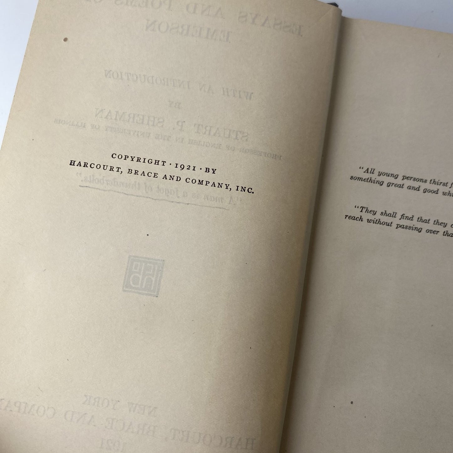 Essays and Poems of Emerson Stuart P. Sherman 1921 First Edition Harcourt