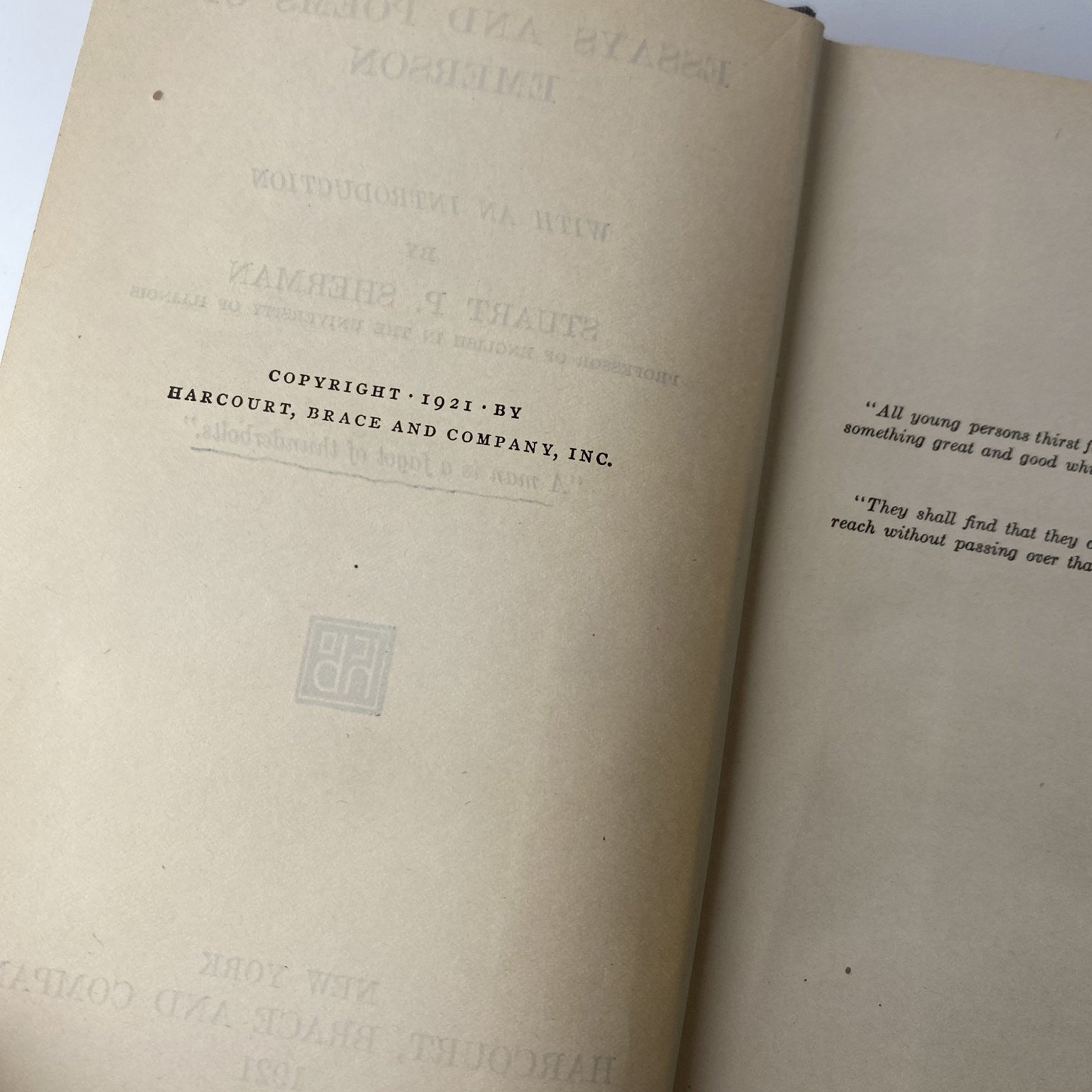 Essays and Poems of Emerson Stuart P. Sherman 1921 First Edition Harcourt