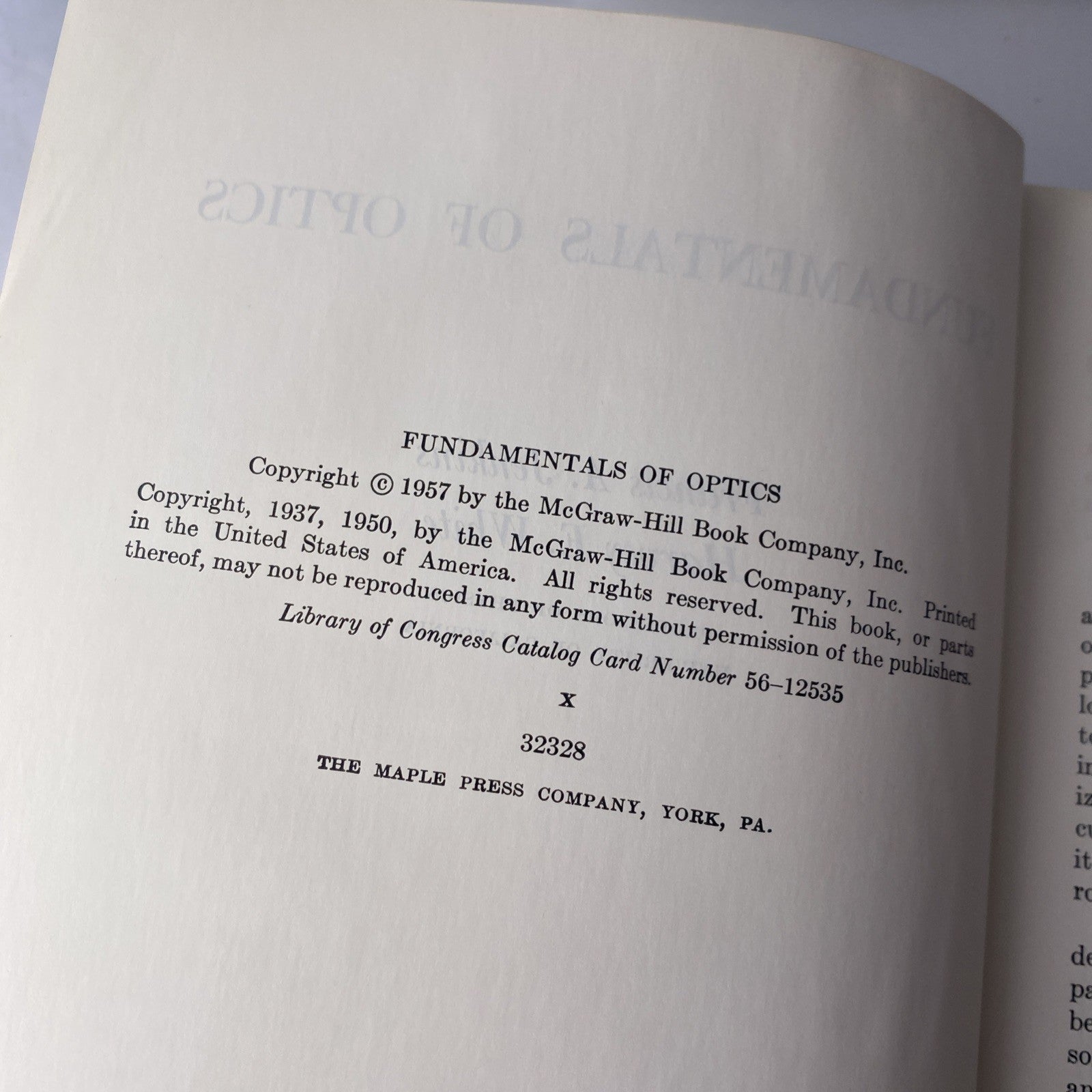 Vtg 1957 Fundamentals of Optics by Jenkins & White 3rd Edition Hardcover Used