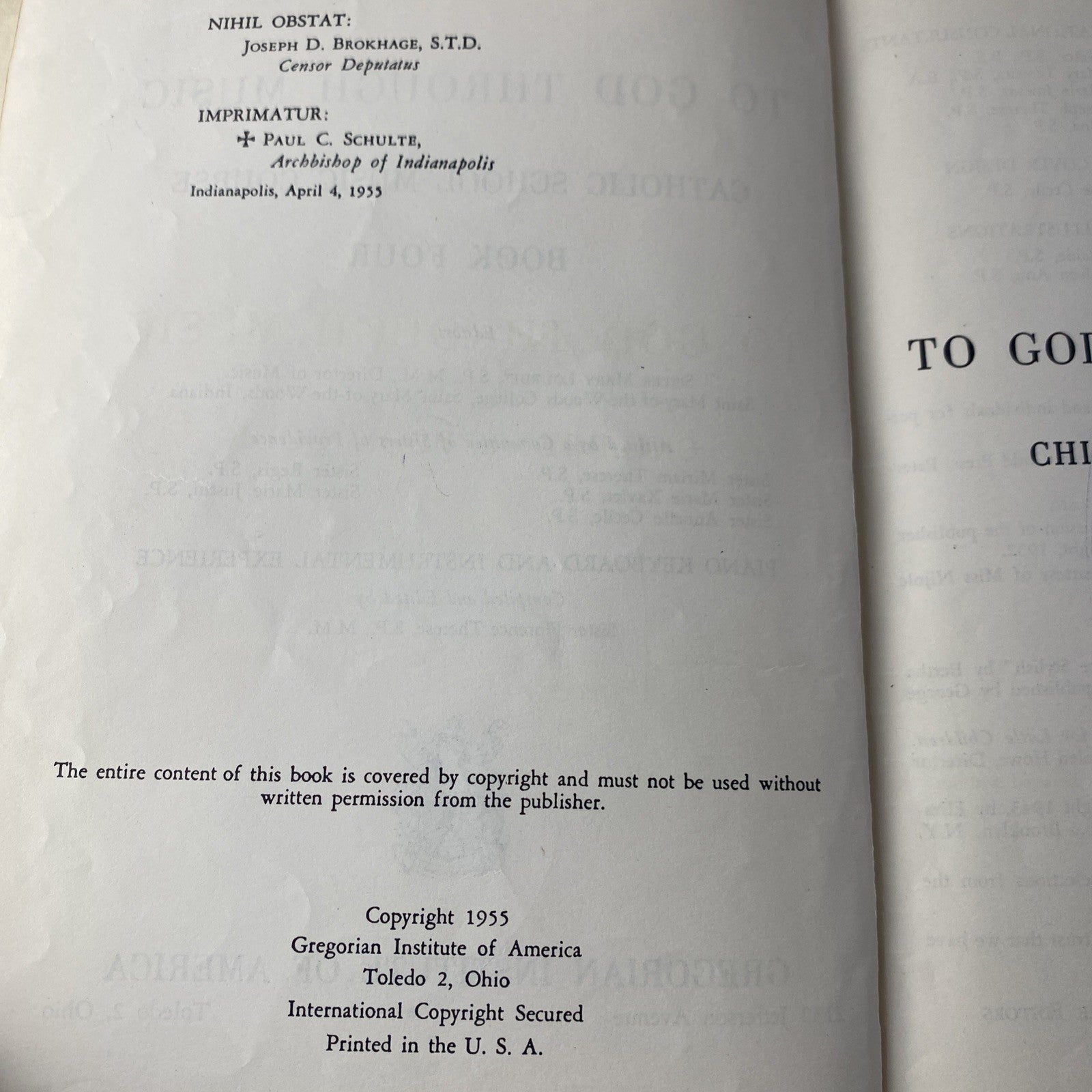 To God Through Music Book Four 4 HC 1958 Gregorian Institute of America Vintage