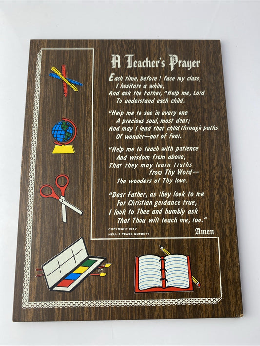 Vintage 50s Teacher Decor 1957 "A Teacher's Prayer" Plaque Sign Nellie Pease