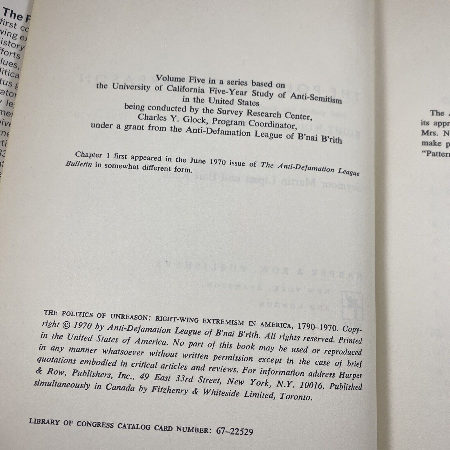 The Politics of Unreason: Right Wing Extremism in America, 1790-1970. 1ST ED.