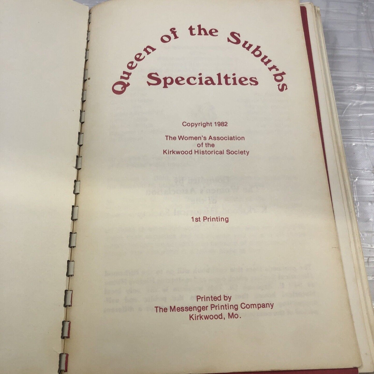 Kirkwood Missouri Historical Society Cookbook "Queen Of The Suburbs Specialties"