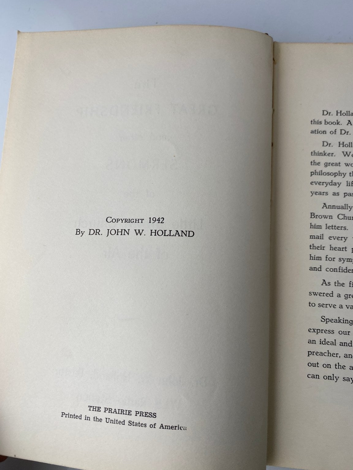 Great Friendship & Other Sermons Dr. John W. Holland 1942 Signed Prairie Press
