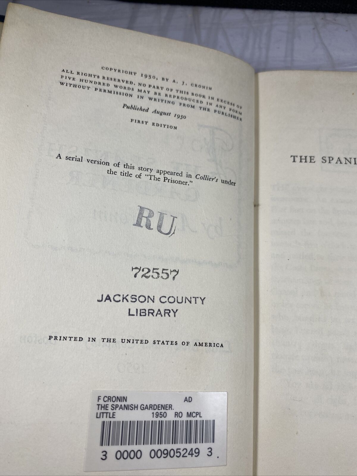 The Spanish Gardener | A.J. Cronin | First Edition 1950 Ex Library Rebind