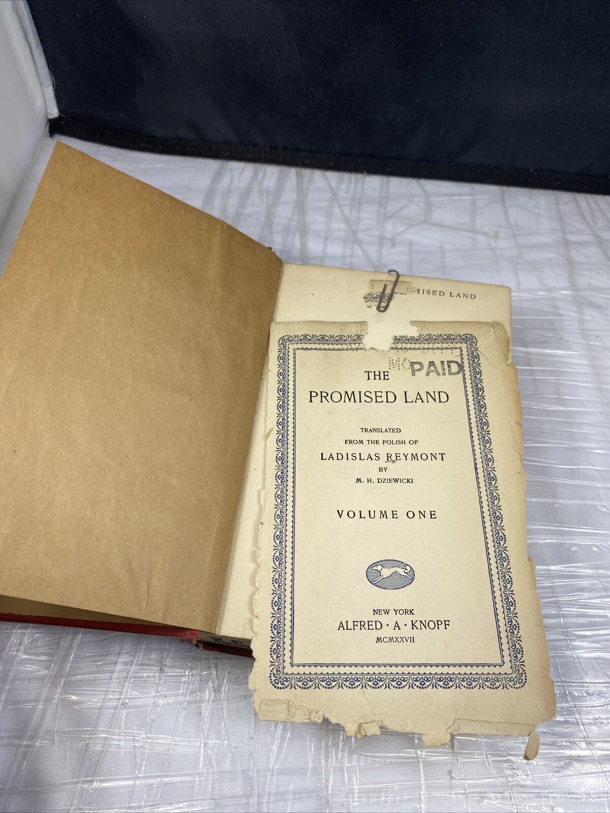 1927 The Promised Land Vol 1 Alfred Knopf INC, by Ladislas Reymont Antique Exlib