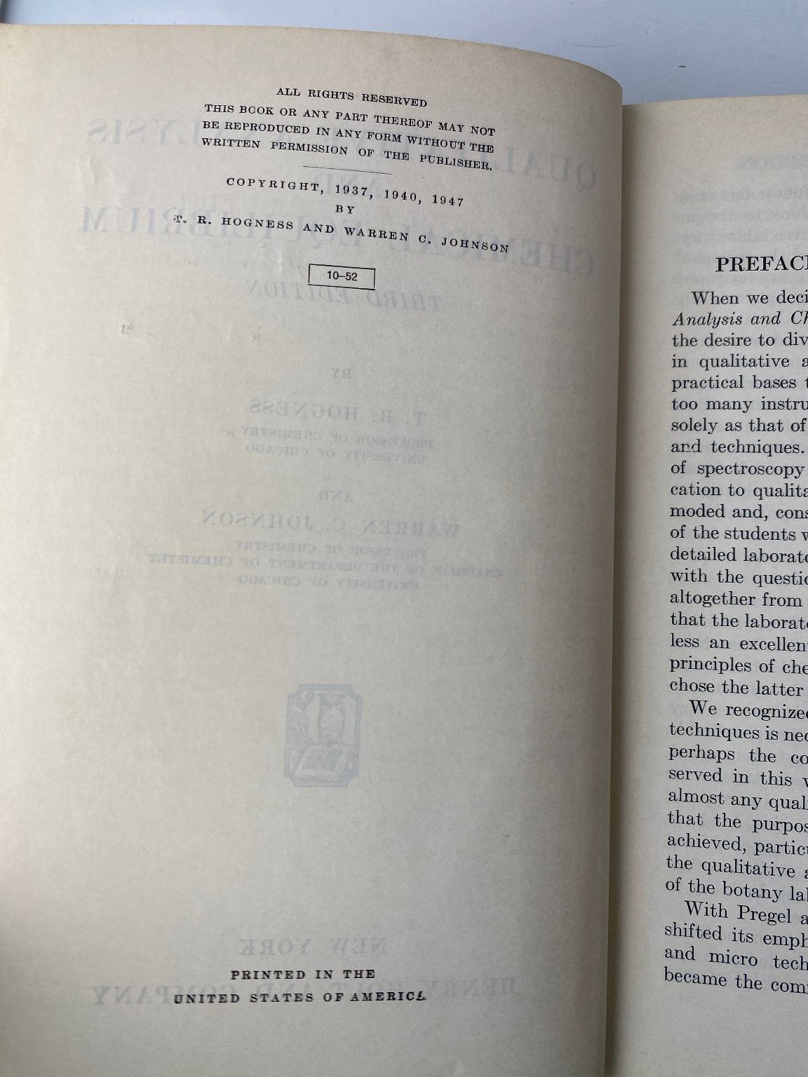 Qualitative Analysis Chemical Equilibrium Hogness Johnson 1947 Third Ed