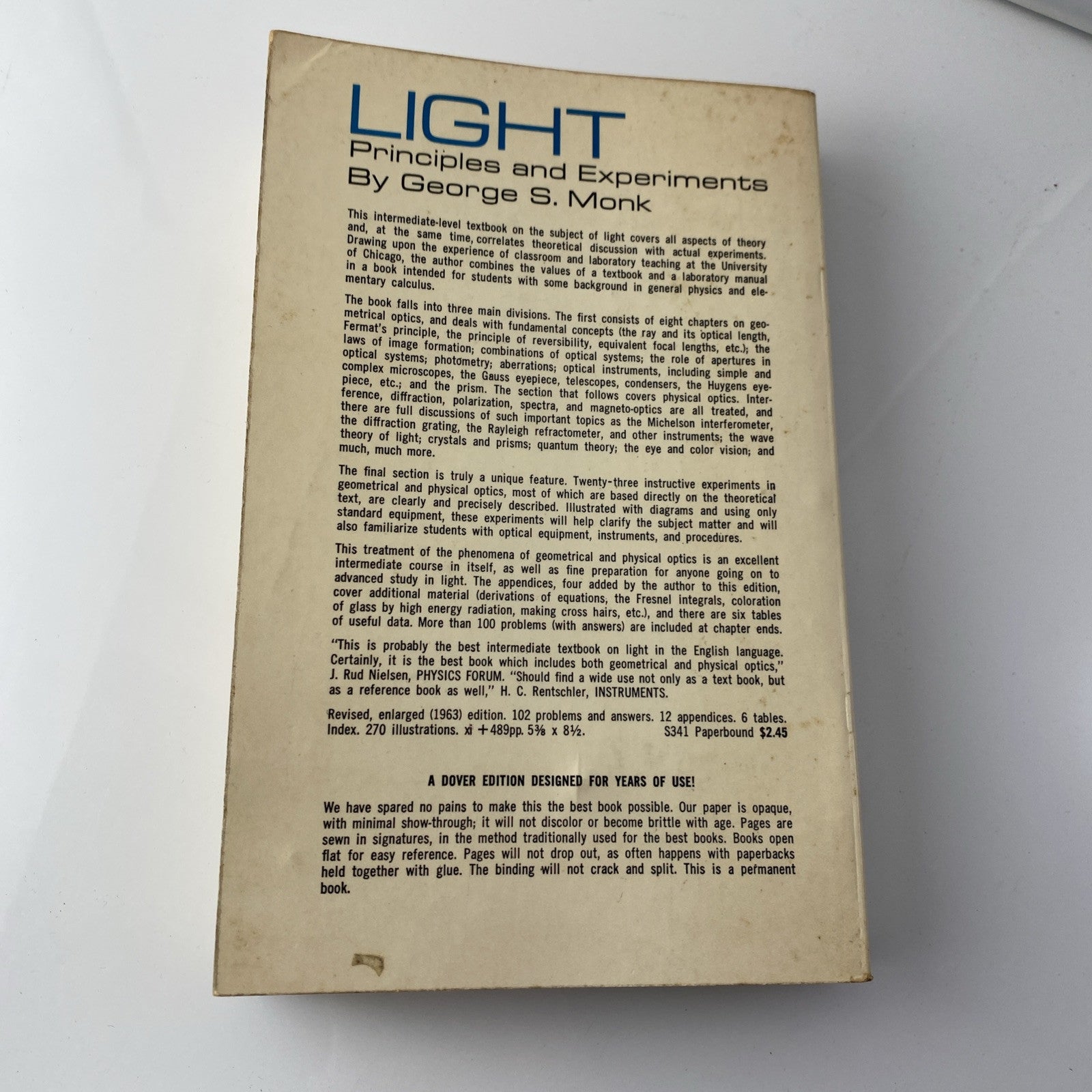 Light Principles and Experiments by George S. Monk 1963 Dover PB